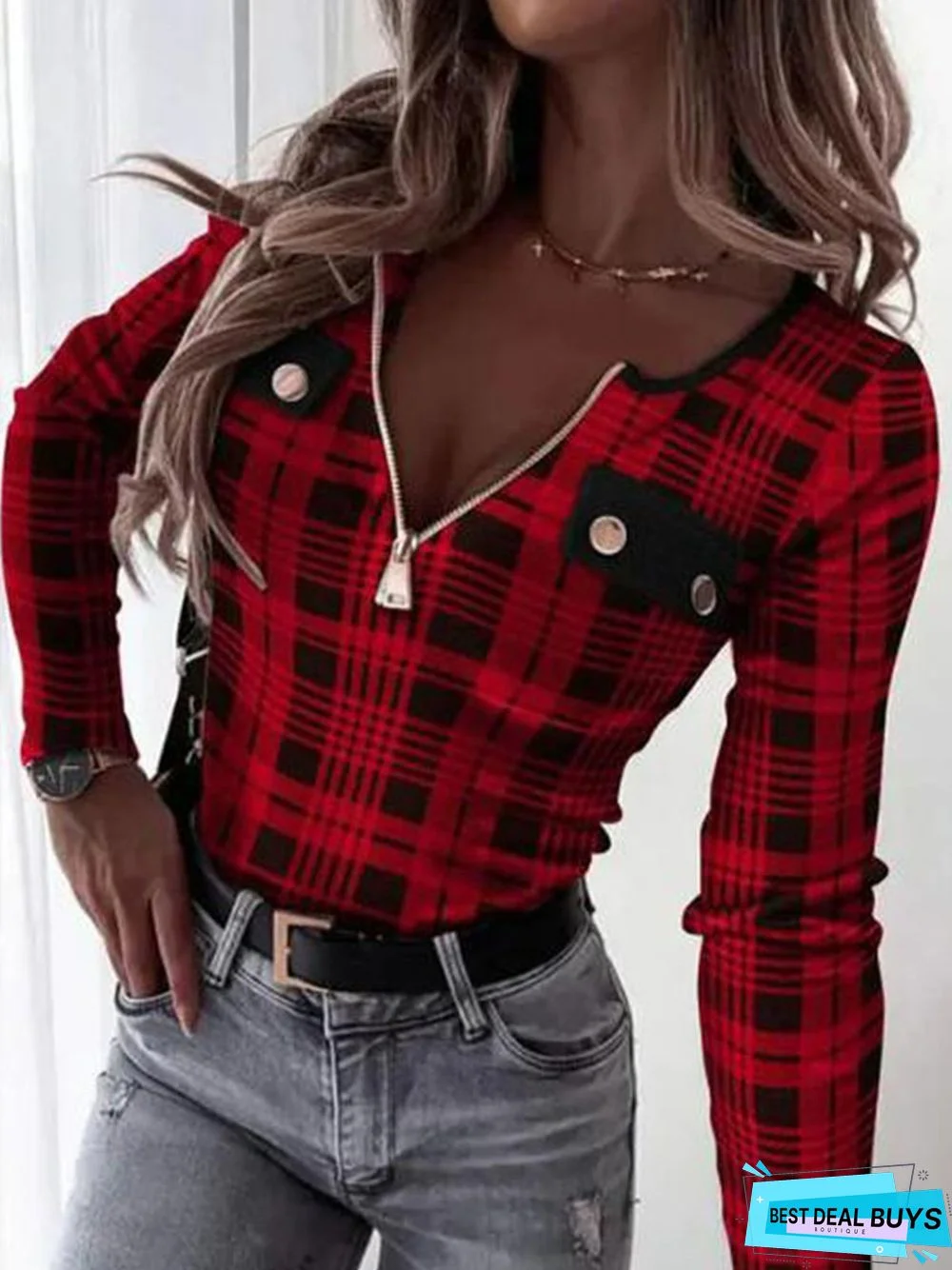 Party Buttoned Jersey Plaid T-Shirt