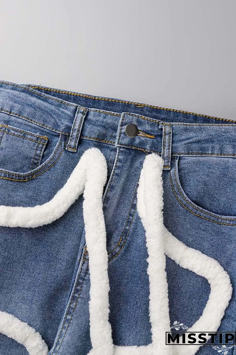 Light Blue Casual Solid Patchwork Mid Waist Regular Denim Jeans