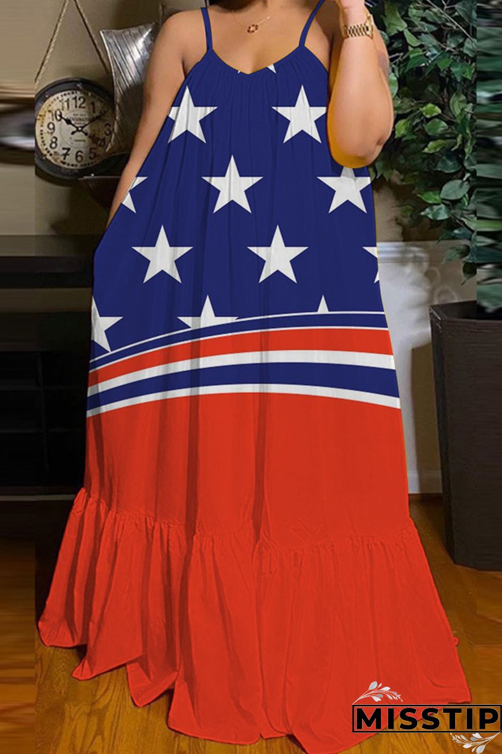 Fuchsia Fashion Casual Print Backless Spaghetti Strap Long Dress