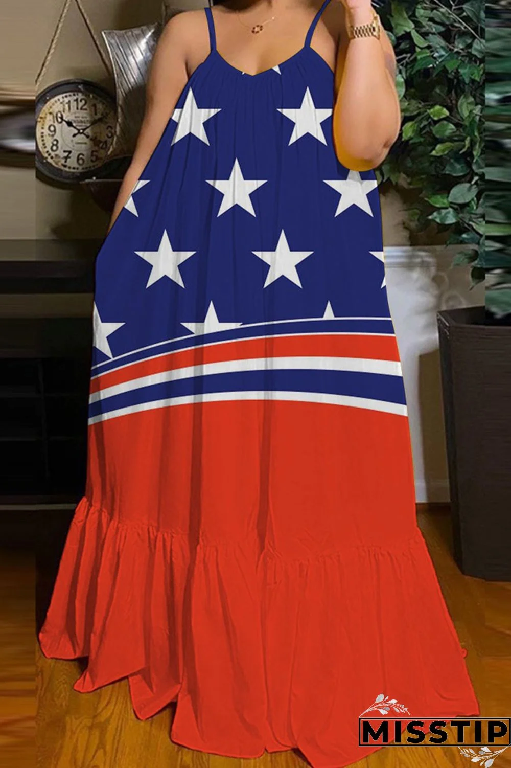 Fuchsia Fashion Casual Print Backless Spaghetti Strap Long Dress