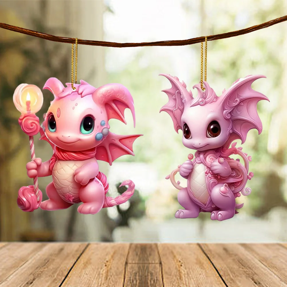 2 PCS Acrylic Pink Dinosaur 2D Flat Xmas Hanging Pendant New Year Birthday Gifts