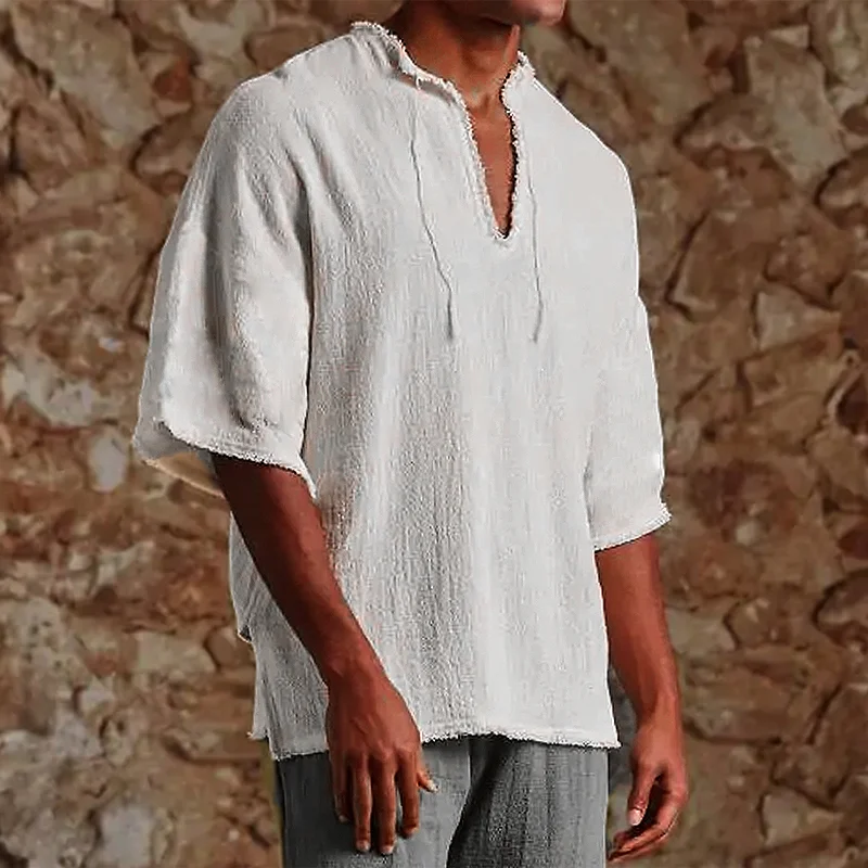 Men's Linen V-Neck Hem Slit Mid Sleeve Top