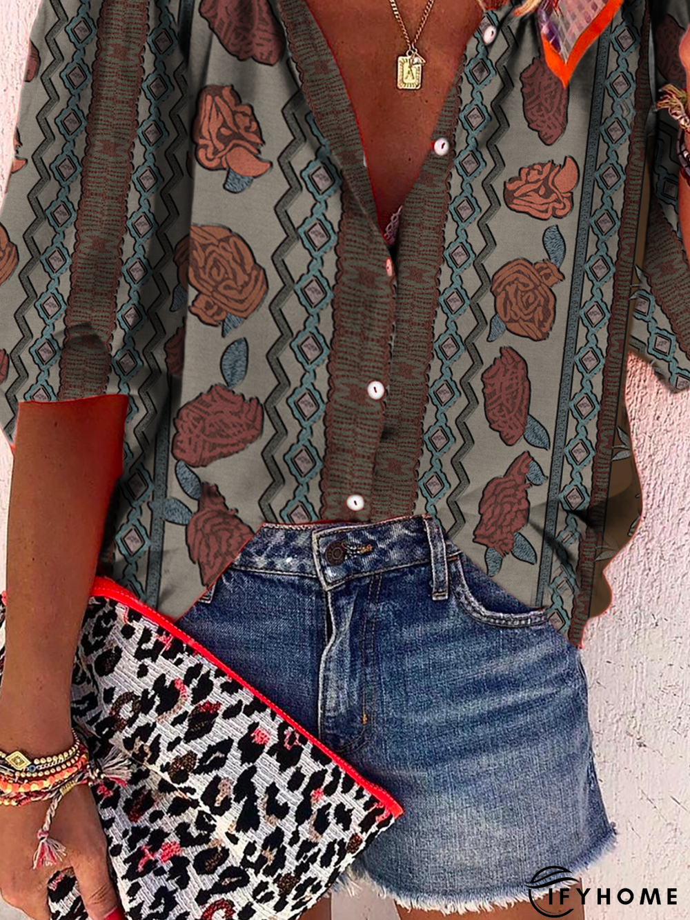 Floral Shift V Neck Short Sleeve Blouse | IFYHOME