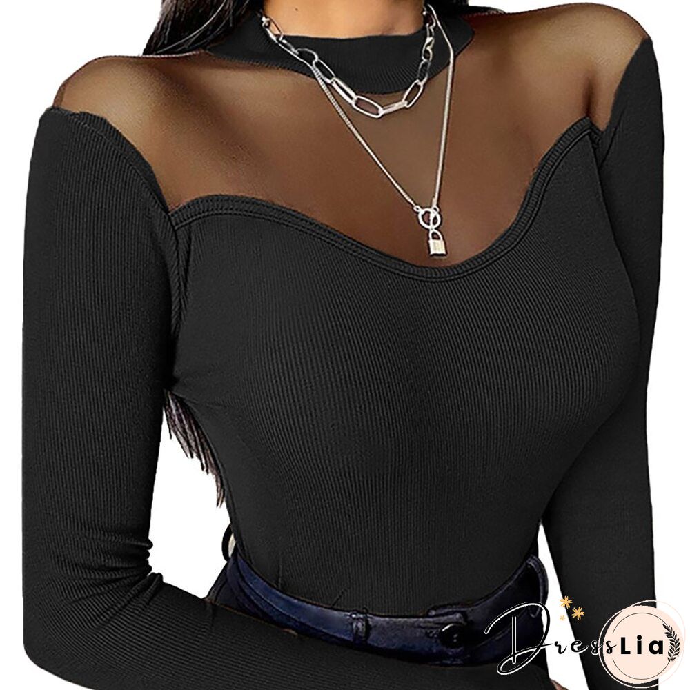 Solid Color Elegant Office Lady Women Slim Fit Tops Long Sleeve Round Neck Mesh Patchwork T-Shirt Sexy Female Black Clothes