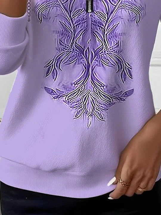 Women Long Sleeve Scoop Neck Floral Printed Graphic Zipper Tops