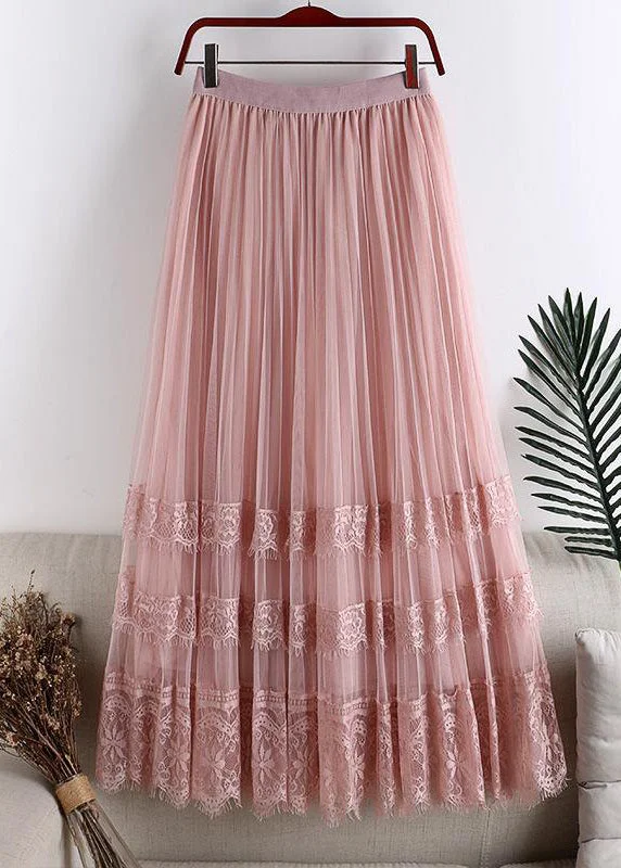 Plus Size Pink Lace Patchwork Tulle Maxi Skirt Summer