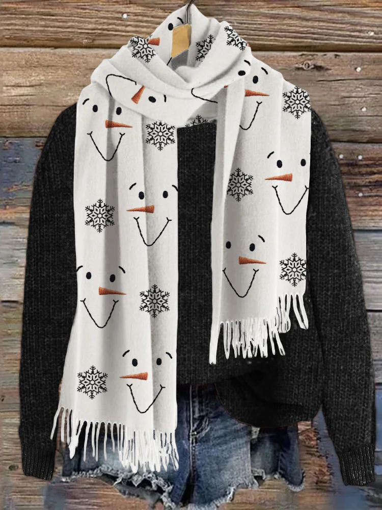 Snowman Faces & Snowflakes Embroidery Pattern Cozy Scarf