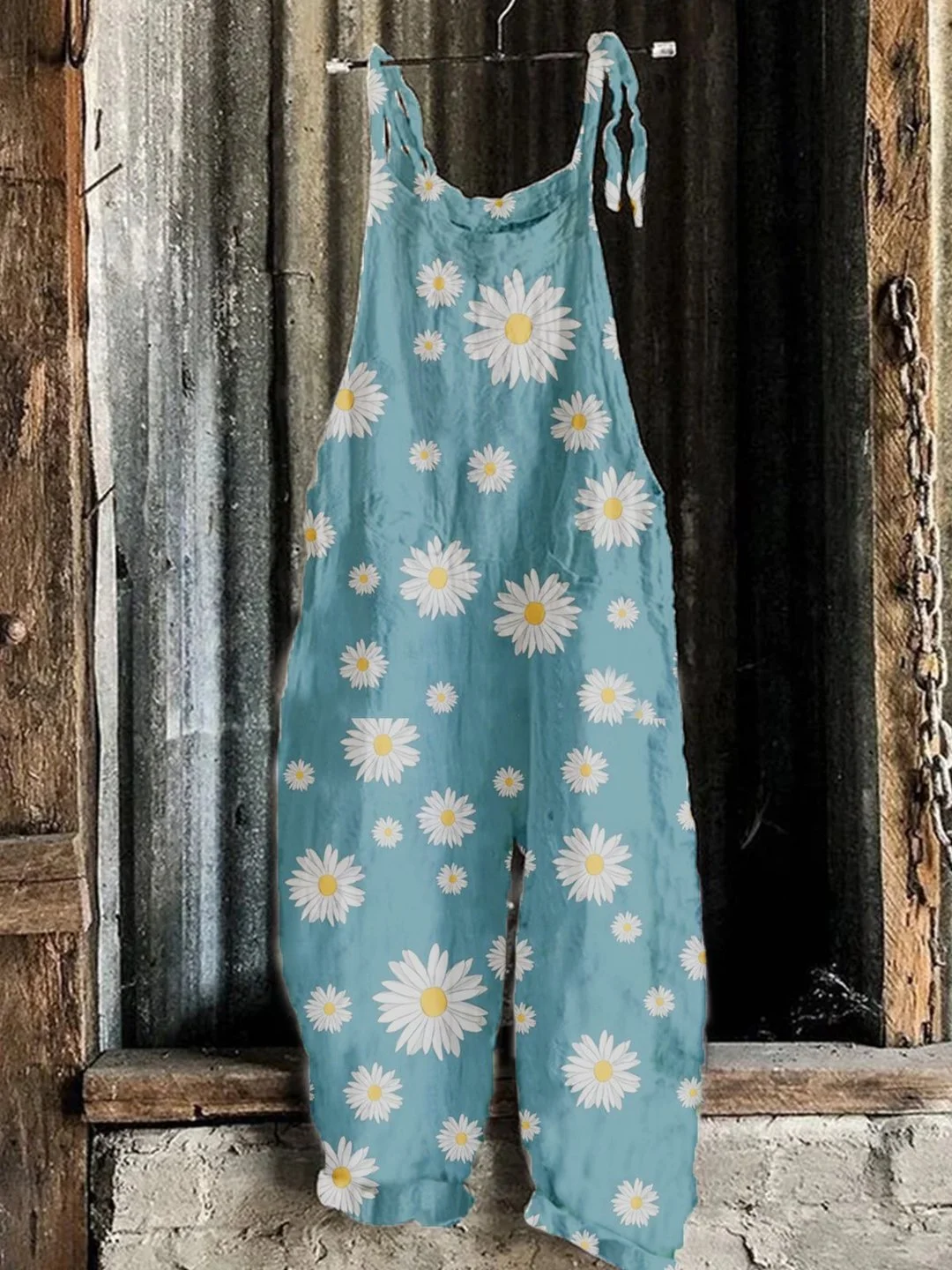 Daisy Print Casual Cotton And Linen Overalls