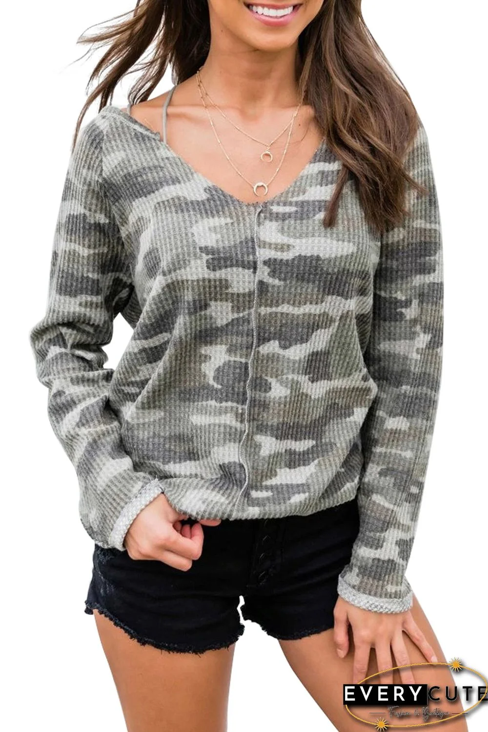 Green Camo Print V Neck Long Sleeve Knit Top