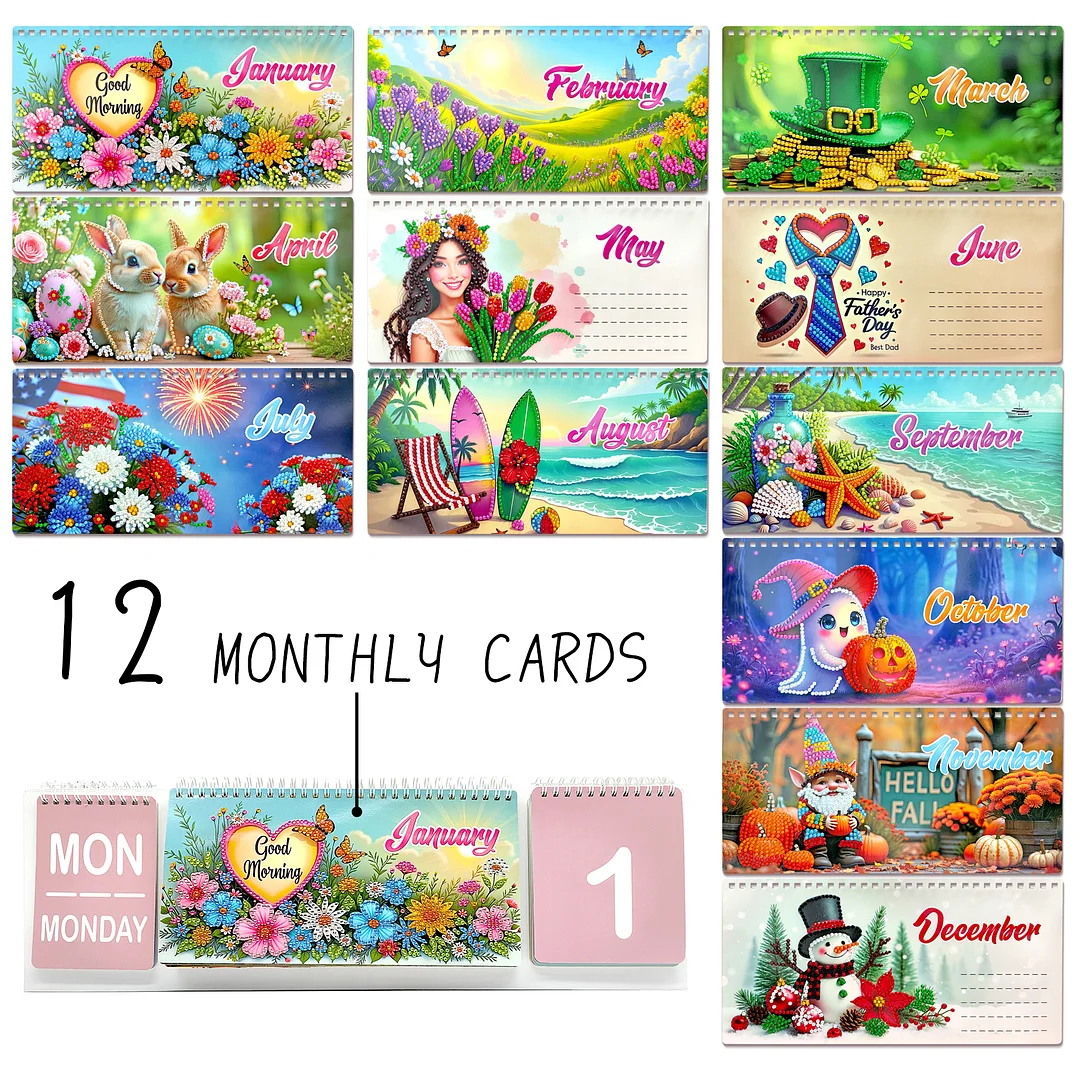 2026 Beautiful Flower DIY Diamond Art Painting Desk Calendar Special Shaped Drill Monthly Flip Tabletop Calendar Kit for Adults Beginners Gift Home Office Decor