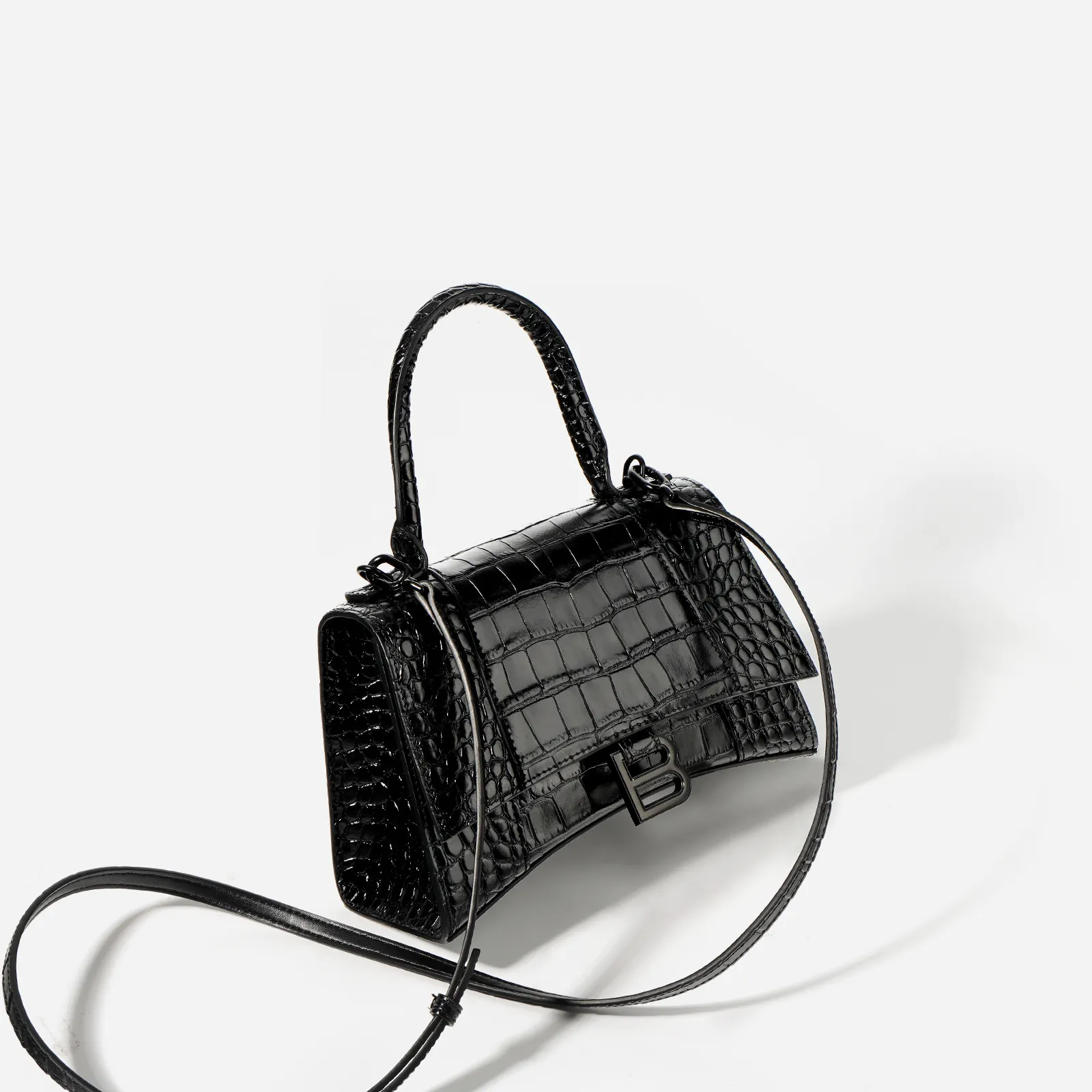 Women's Hourglass Small Handbag Crocodile Embossed in Black-vocosishoes