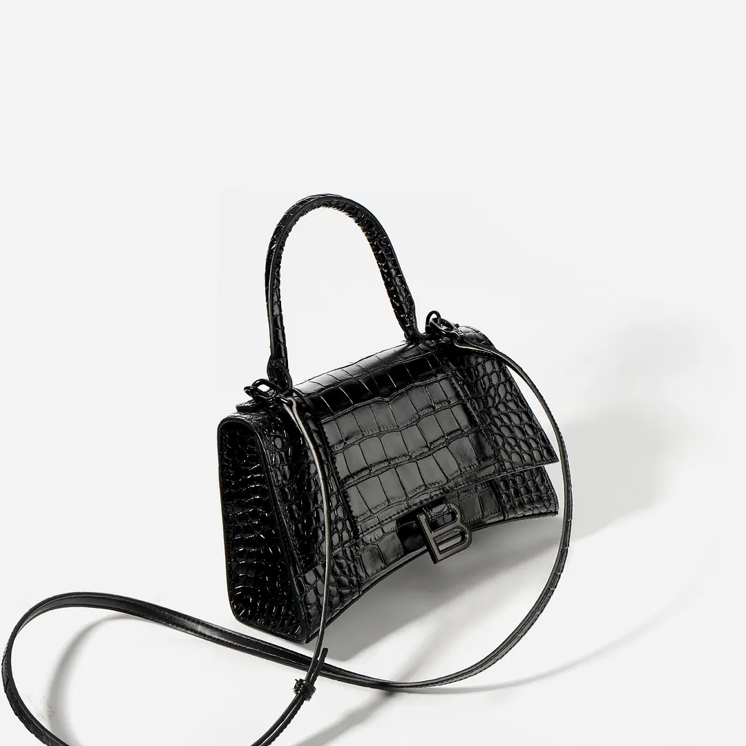 Women's Hourglass Small Handbag Crocodile Embossed in Black-vocosishoes