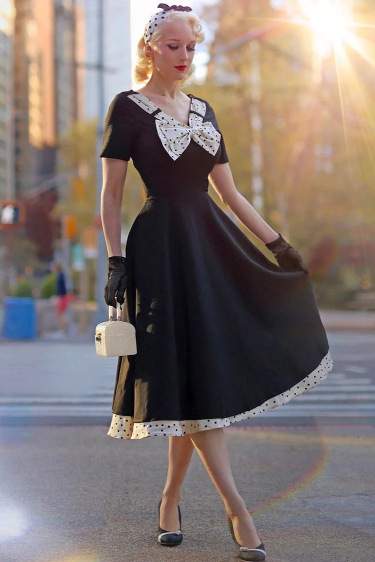 1950s Black Party Polka Dot Bow Contrast Colors Flare Swing Midi Dress[In Stock]