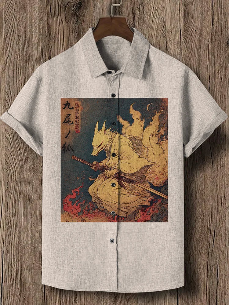 Men's Nine-Tailed Fox Warrior Art Print Short Sleeve Shirt