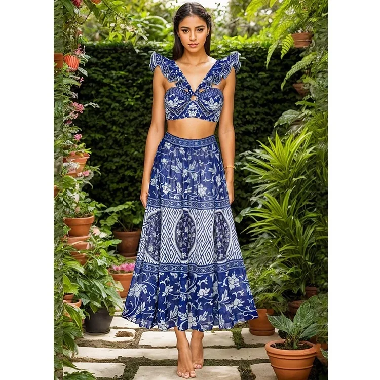 Uveng High-Belt Strap-Print Split Swimsuit Woman 2025 New Bikini Skirt Three-Piece Lotus Edges