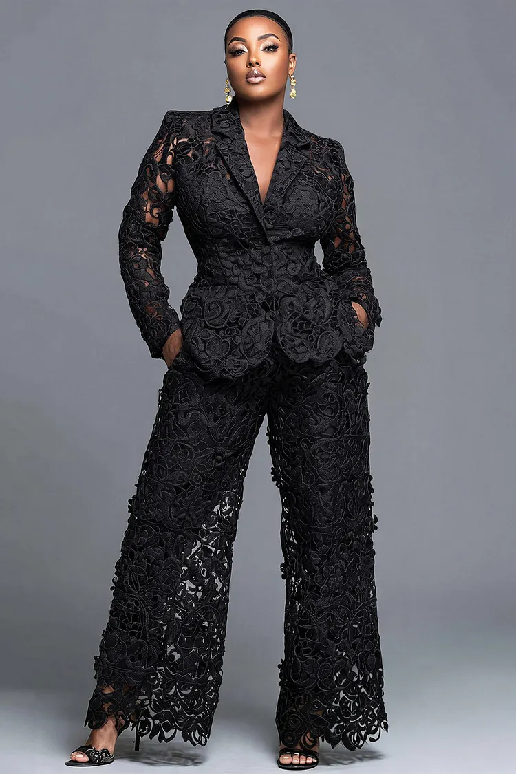 Xpluswear Design Plus Size Formal Black Lapel Collar Long Sleeve Cut Out Pocket Guipure Lace Two Piece Pant Suits [Pre-Order] 2024 - Xpluswear
