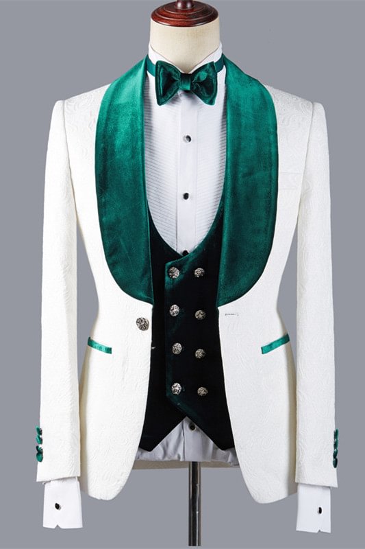 Elegant White Jacquard Three Pieces Wedding Suit With Green Lapel | Ballbellas Ballbellas