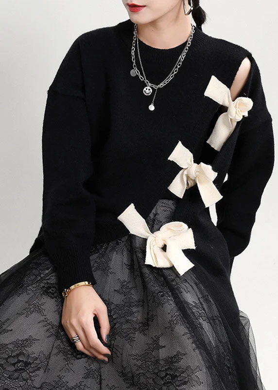 Women Black O-Neck Patchwork Knit Sweater Dress Winter