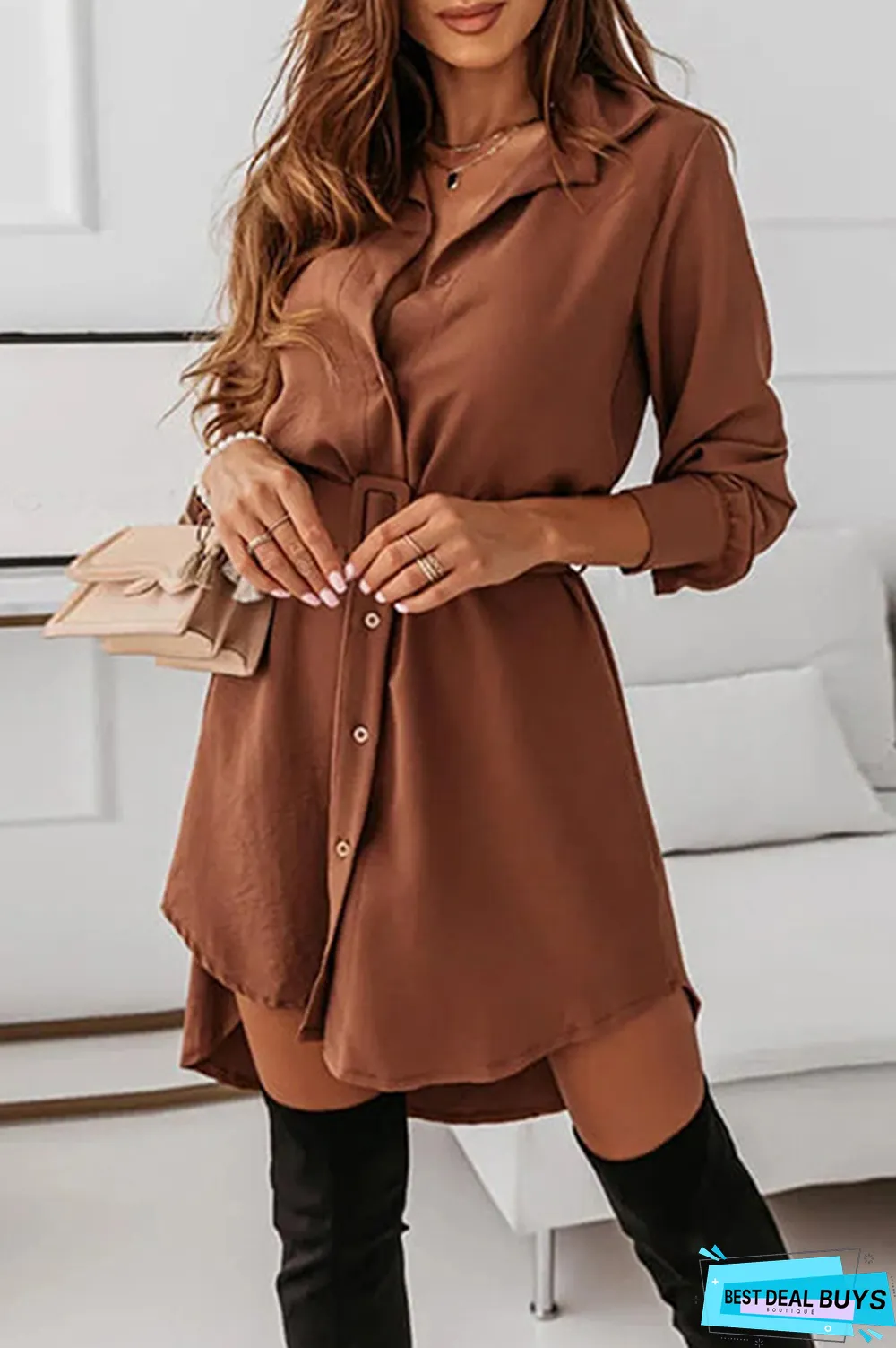 Casual Elegant Solid Buckle With Belt Turndown Collar Shirt Dress Dresses