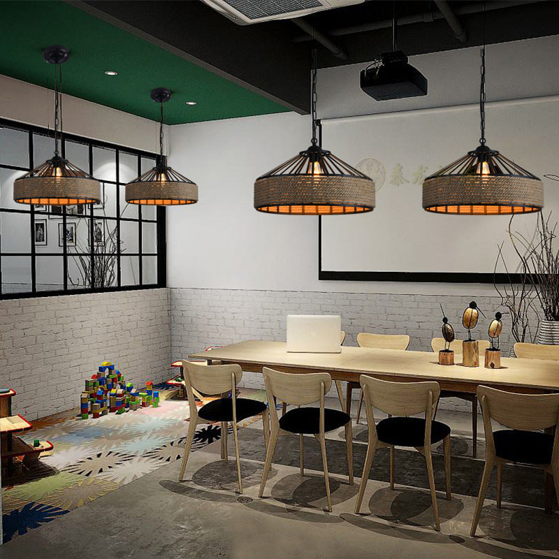 Contemporary Industrial Iron Hemp Rope Round Conic 1-Light Pendant Light For Dining Room