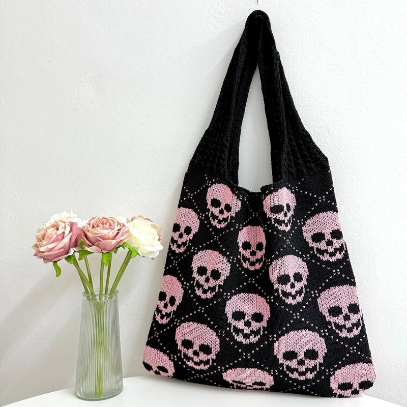 Halloween Women’s Large Polyester Skull Elegant Classic Style Knitting Oval Open Shoulder Bag