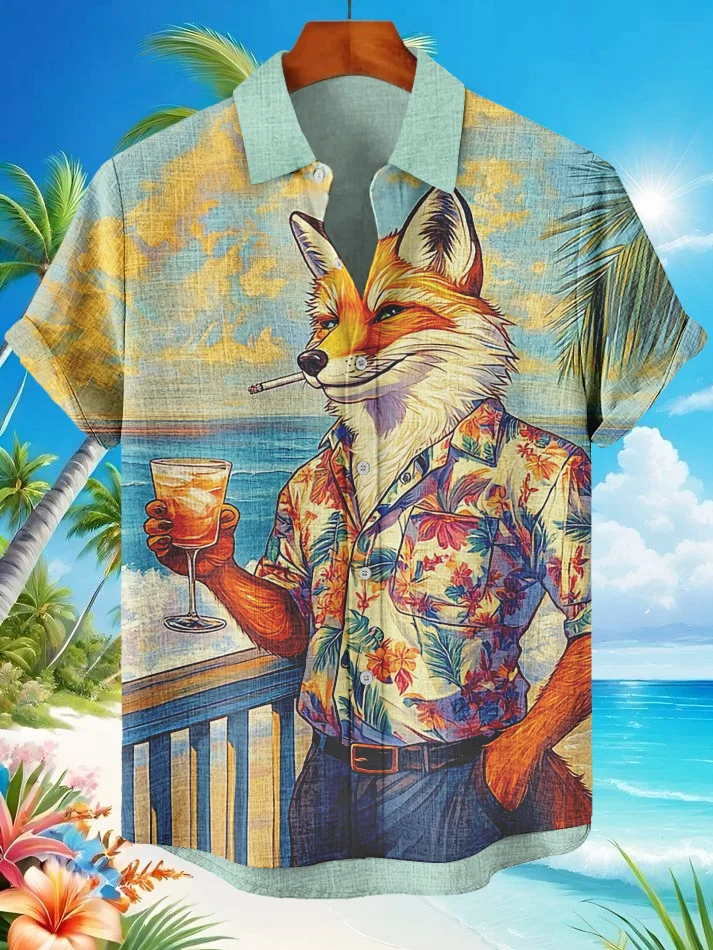 Men's Hawaii Vacation Fox Drinks At The Seaside Art Print Casual Shirt