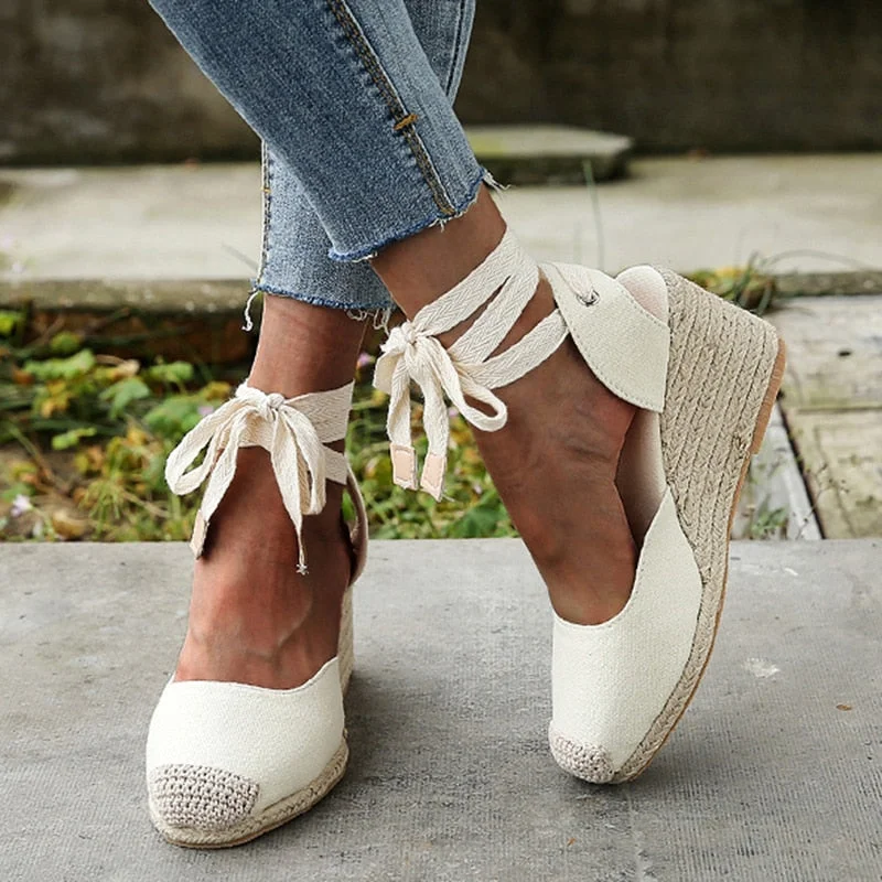 Women's Wedges Espadrilles Sandals Summer 2022 Ankle Strap Gladiator Sandals Woman Casual Hemp Bottom Canvas Pumps Shoes