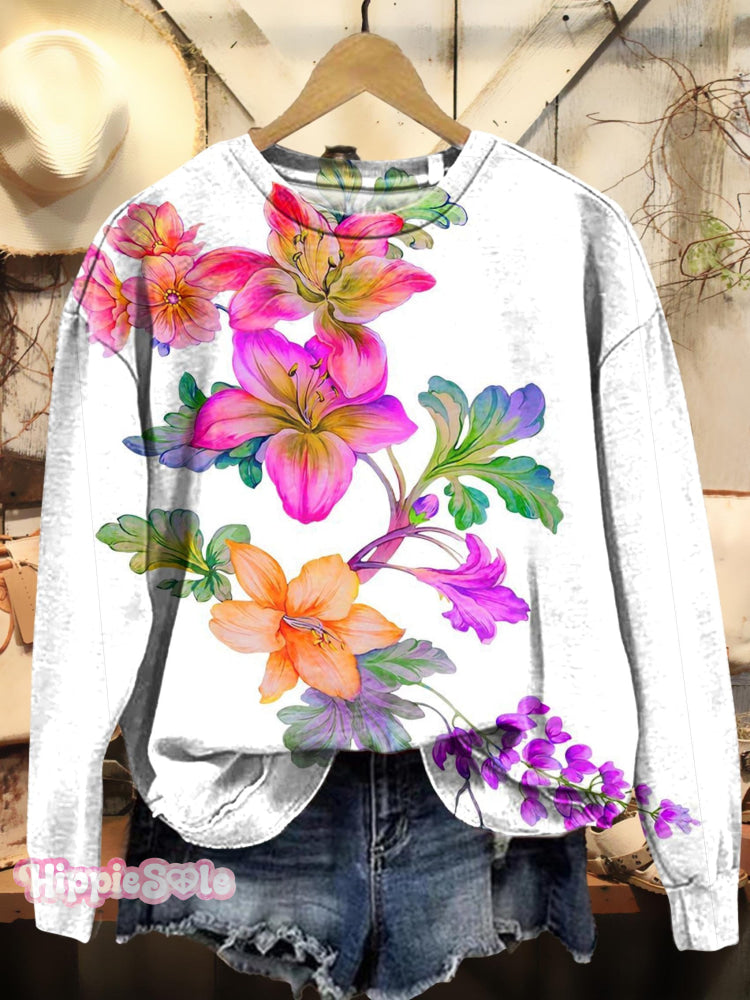 Vintage Floral Print Casual Sweatshirt Multicolor / S