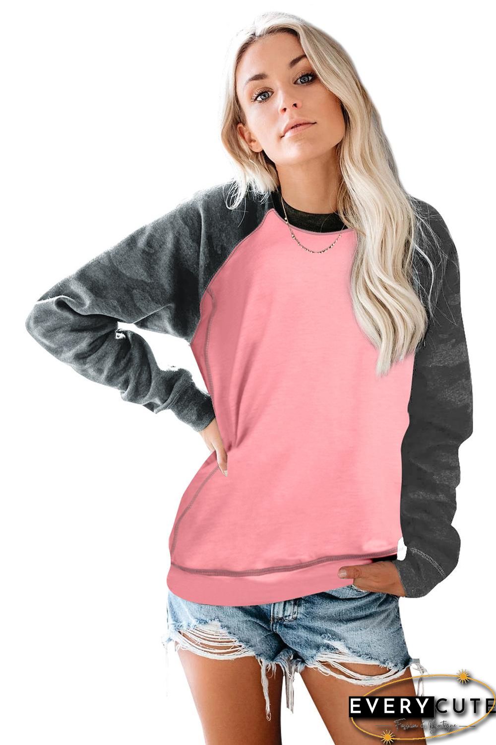 Pink Crewneck Camo Print Long Sleeve Sweatshirts