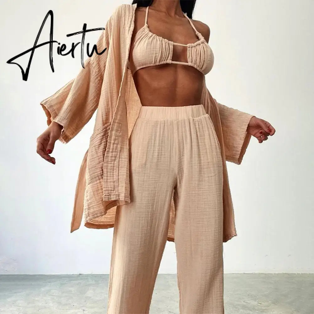 Women Double Layer Wrinkled Cotton Home Suit Sexy Casual Lace Up Shirt Sling Pencil Pants 3 Piece Set Autumn Beach Outfits Aiertu