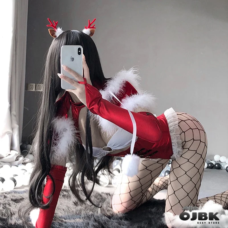 OJBK Red Christmas Princess Cosplay Costumes Sexy Bodysuit With Shawl Gloves Stocking Open Chest Outfit Temptation Anime Hot Set
