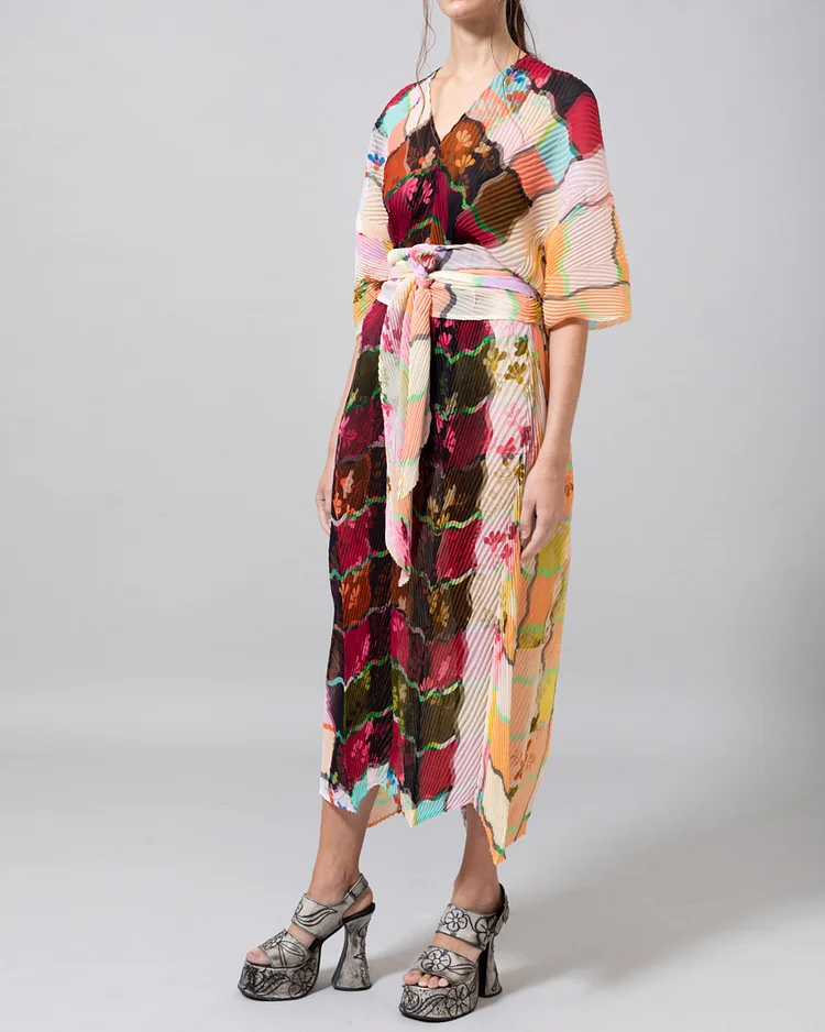 Tie pleated print midi dress