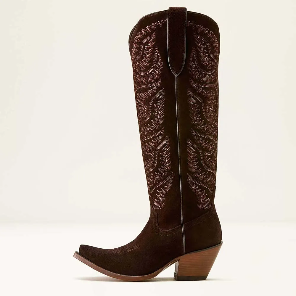 Brown Snip Toe Chunky Heel Embroidered Cowgirl Boots for Women