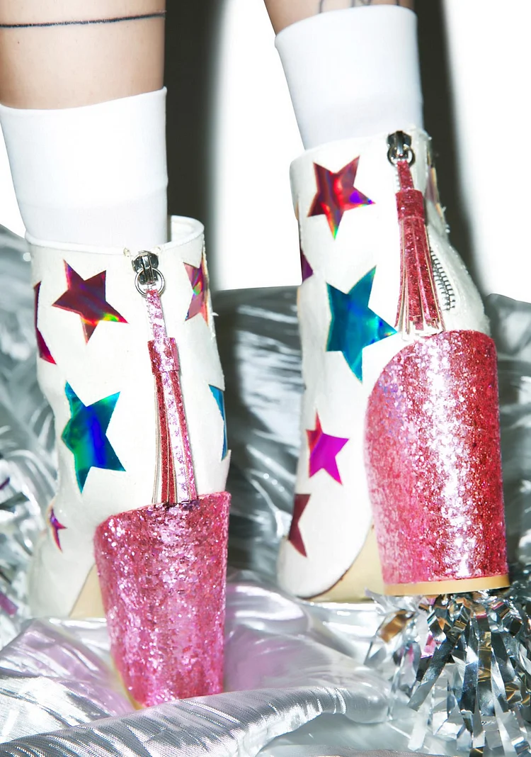 White and Pink Glitter Holographic Stars Chunky Heel Fashion Boots