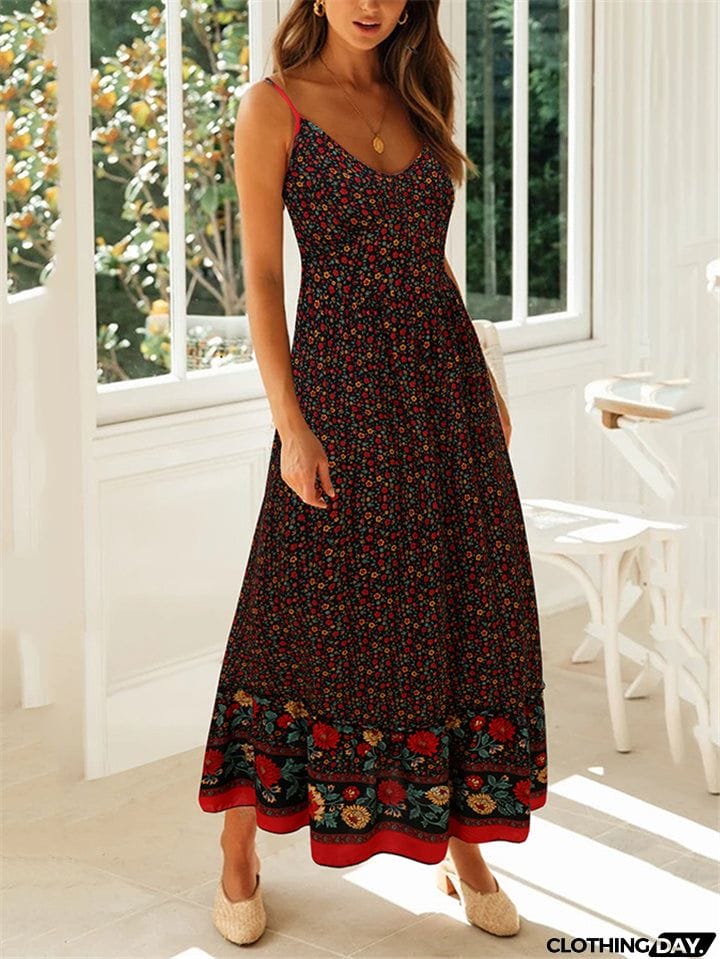 All-Over Floral Print Fitted Waist Pullover Pleated Detailing Spaghetti Strap Dress