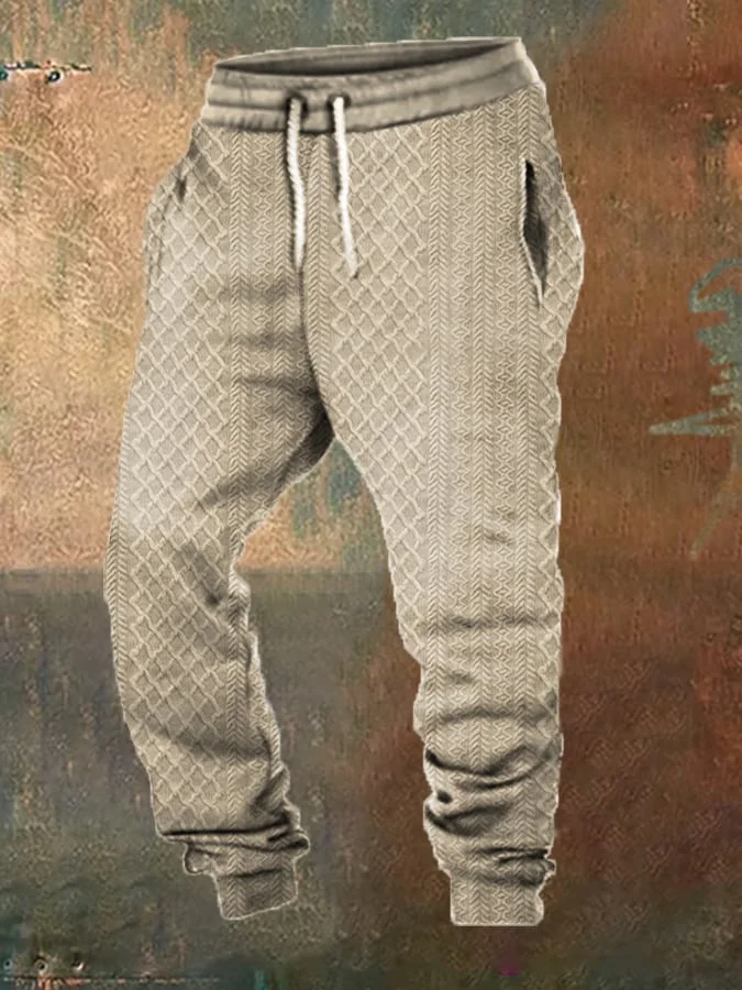 Men's Vintage Knitted Jacquard Elastic Waist Lace-Up Casual Pants