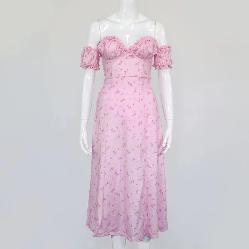 Women Summer Dress 2021 Elegant Pink Flower Edge off Shoulder off back Split Dresses Cute Romantic Dress Fashion Women Dresses