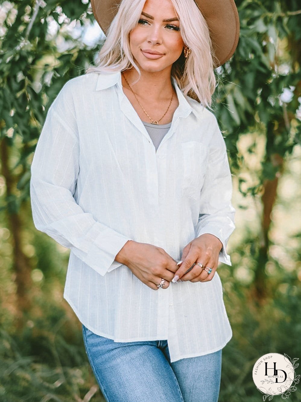 Simple Solid Lapel Button Long Sleeve Blouses