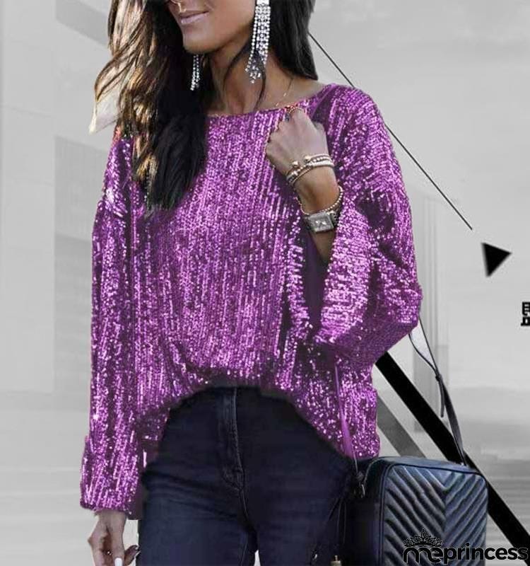 Sequins crew neck long sleeve baggy shirt