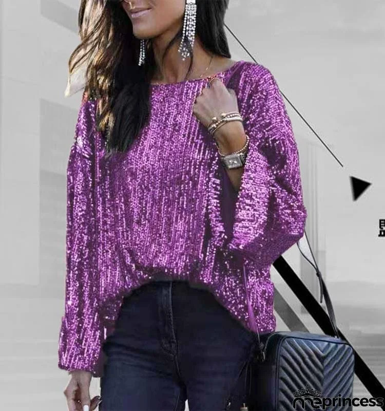 Sequins crew neck long sleeve baggy shirt