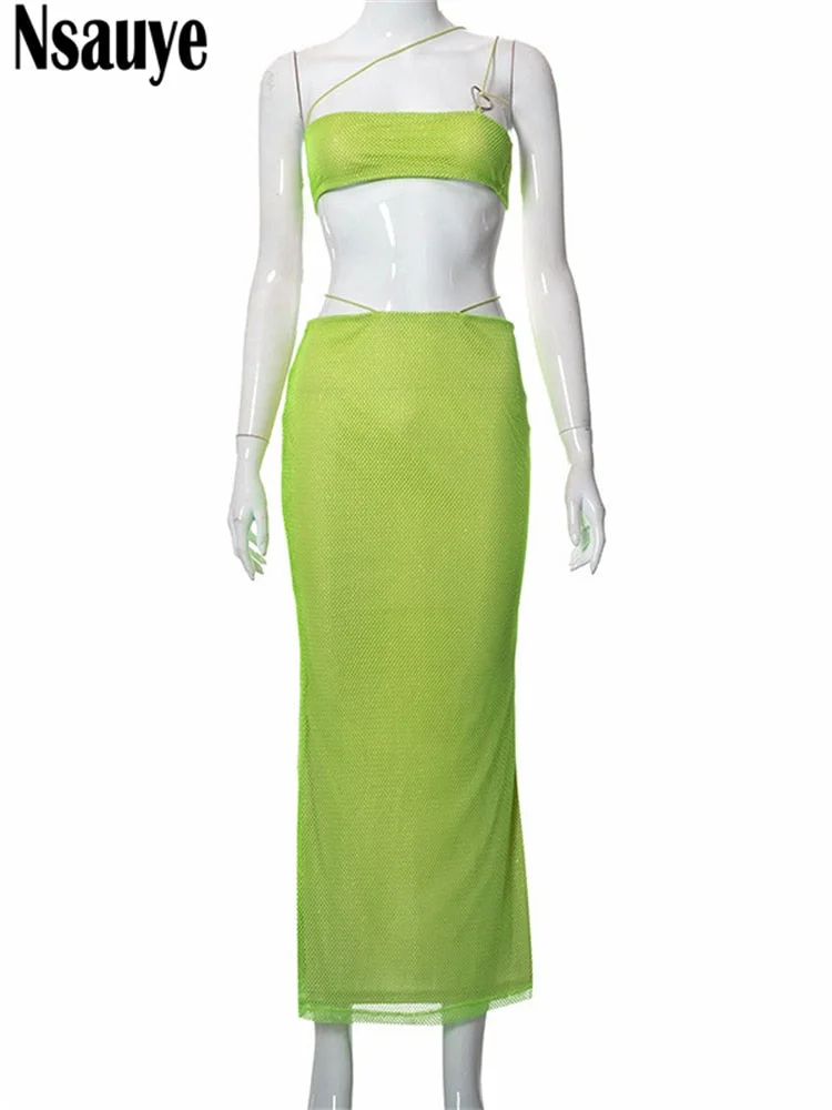 Nsauye 2022 Summer Y2K Women Clothing Mesh Dress Set Sexy Party Crop Tops And High Waist Long Skirt Two Piece Set Beach Outfits