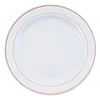 10 Pack | 10" Très Chic Rose Gold Rim White Plastic Dinner Plates, Disposable Party Plates