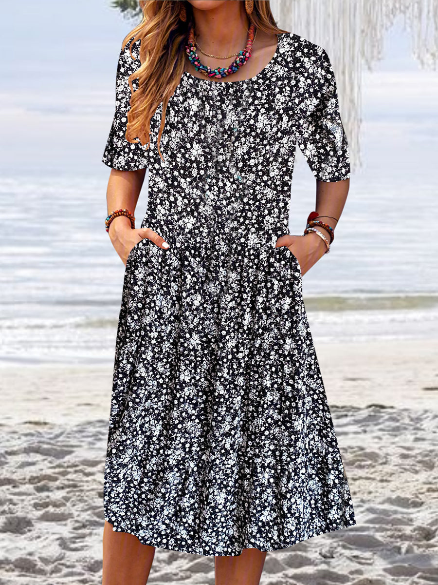 Women Short Sleeve Scoop Neck Floral Printed Graphic Midi Dress
