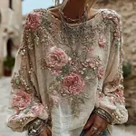 Women's Vintage Flower Embroidery Art Pattern Long Sleeve T-shirt - Image 2