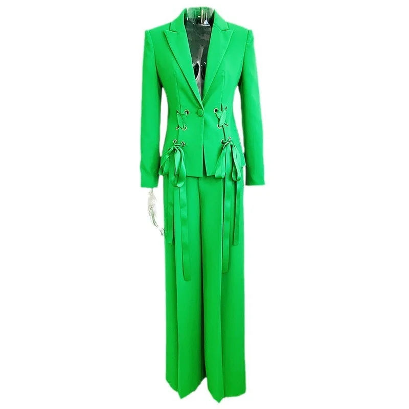 Nigikala Nigikala Early Spring Series New Star Fashion Ribbon Strap Blazer Broad Leg Trousers Set