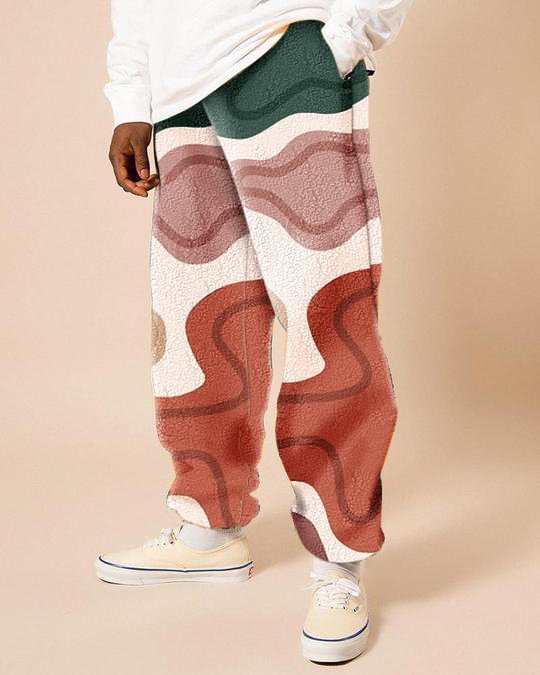 Retro fashion color-blocking print polar fleece trousers