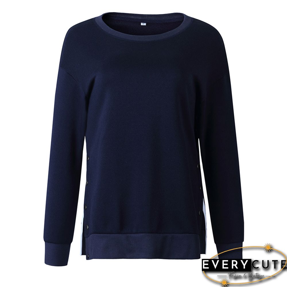 Navy Blue Button up Split Long Sleeve Sweatshirt