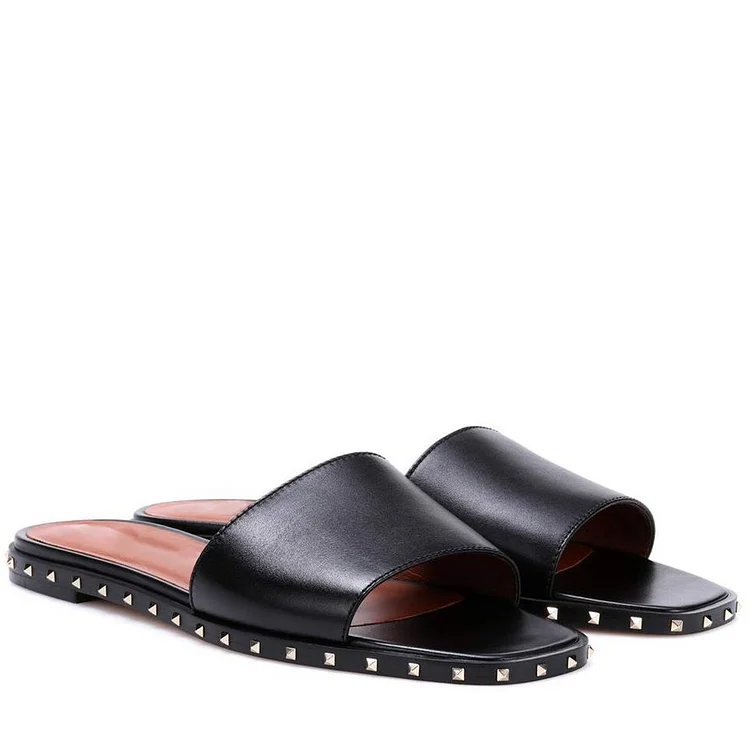 Custom Made Black Studs Women's Slide Sandals |FSJ Shoes