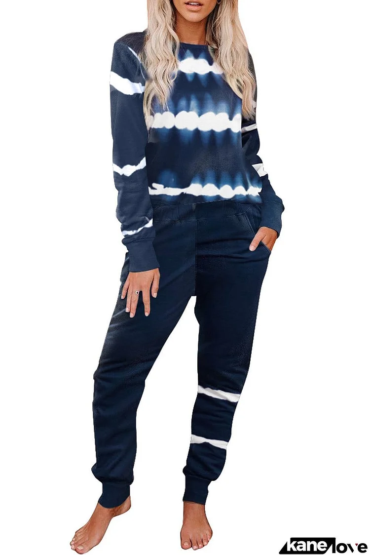 Navy Tie-dye Stripes Pullover Top and Pants Lounge Set