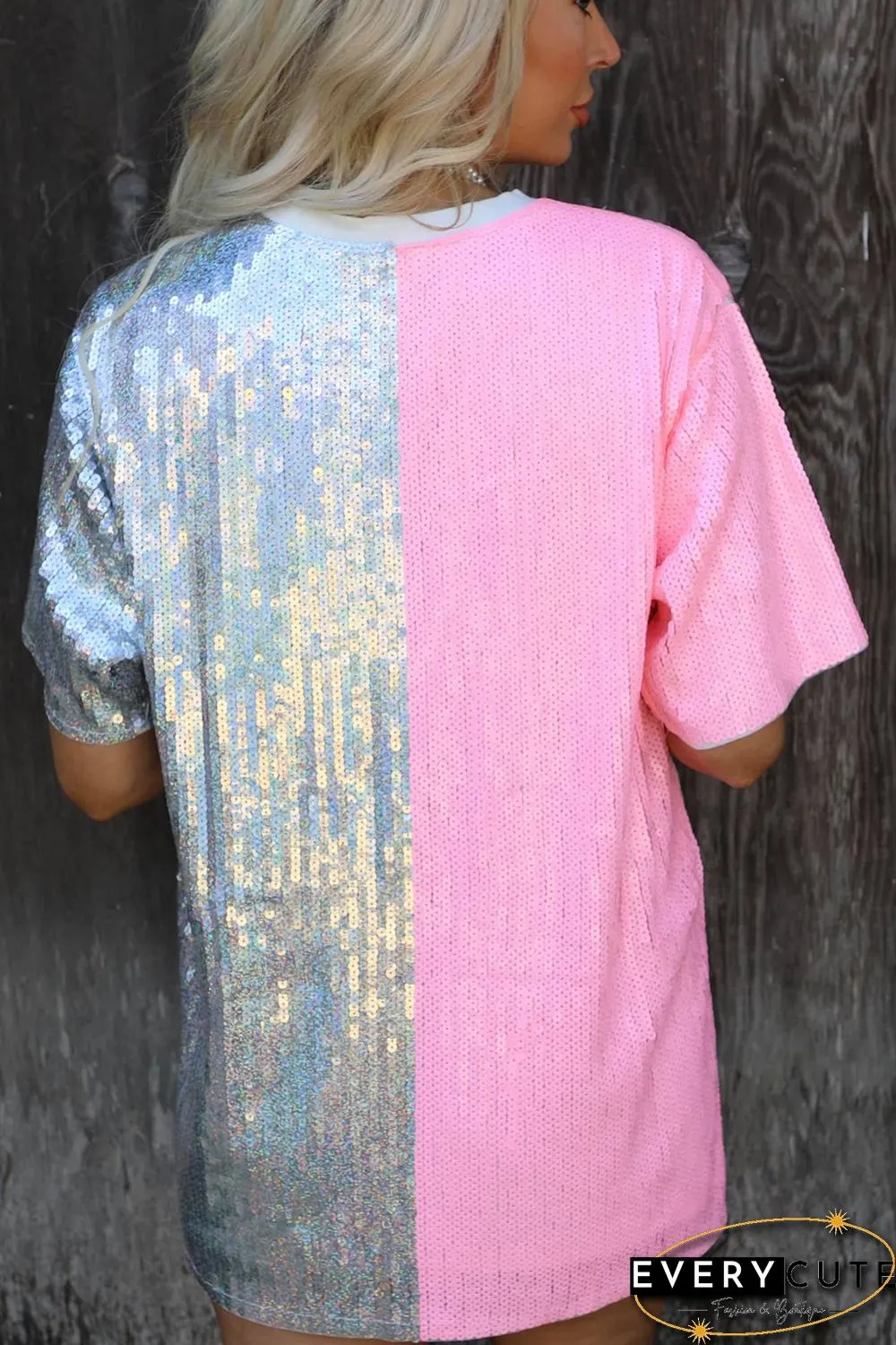 Pink Sequin Color Block Half Sleeve Shift Mini Dress